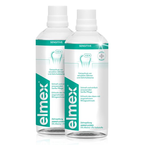 elmex Mundspülung Sensitive 2x400 ml – Mundspülung für Extraschutz vor schmerzempfindlichen Zähnen und Zahnhalskaries – für die tägliche Zahnreinigung ohne Alkohol mit Minzgeschmack
