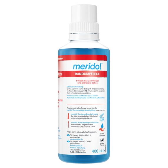 meridol Mundspülung Rundumpflege 400ml - antibakterieller Effekt, schützt Zahnfleisch, stärkt die Zähne und erfrischt den Atem, ohne Alkohol