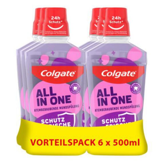 Colgate Mundspülung All In one 6x500 ml – für sofortige & anhaltende Frische und Kariesschutz – antibakterielle Mund- und Zahnreinigung ohne Alkohol** für optimalen Schutz