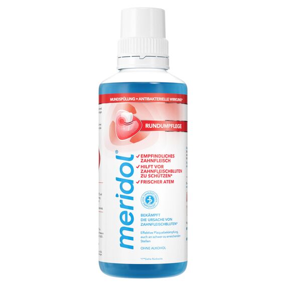 meridol Mundspülung Rundumpflege 400ml - antibakterieller Effekt, schützt Zahnfleisch, stärkt die Zähne und erfrischt den Atem, ohne Alkohol