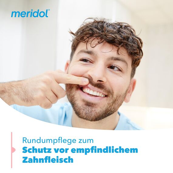 meridol Mundspülung Rundumpflege 400ml - antibakterieller Effekt, schützt Zahnfleisch, stärkt die Zähne und erfrischt den Atem, ohne Alkohol