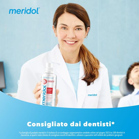 Meridol Antibakterielles Mundwasser, 400 ml, beruhigt gereiztes Zahnfleisch, schützt den Zahnschmelz, bekämpft Plaque-Bakterien, verhindert Zahnfleischbluten, 0% Alkohol