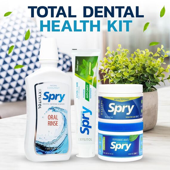 Spry Total Dental Health Kit – Rundum Mundpflege & Zahngesundheit: Inklusive Xylit-zuckerfreiem Kaugummi, zuckerfreien Bonbons/Mints, Mundspülung und Spearmint-Zahnpasta für den ganzen Tag.