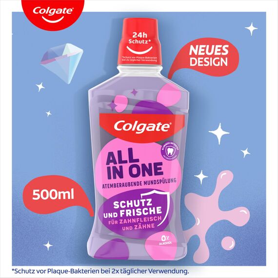 Colgate Mundspülung All In one 6x500 ml – für sofortige & anhaltende Frische und Kariesschutz – antibakterielle Mund- und Zahnreinigung ohne Alkohol** für optimalen Schutz