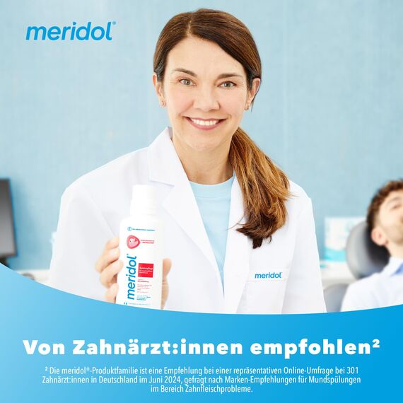 meridol Mundspülung Rundumpflege 400ml - antibakterieller Effekt, schützt Zahnfleisch, stärkt die Zähne und erfrischt den Atem, ohne Alkohol