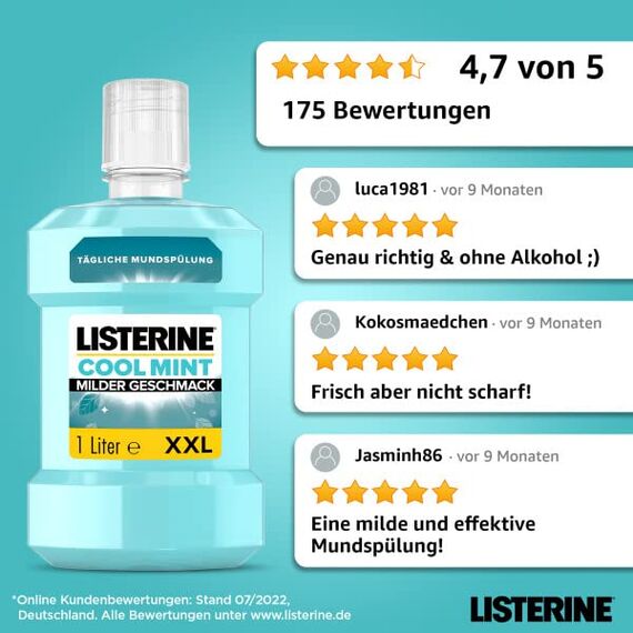 Listerine Cool Mint milder Geschmack, antibakterielle Mundspülung ohne Alkohol mit ätherischen Ölen, 1L