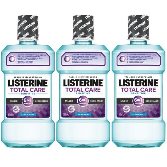 Listerine Total Care Sensitiv Mundspülung, 6in1 Mundwasser, antibakteriell und für schmerzempfindliche Zähne (3 x 500 ml)