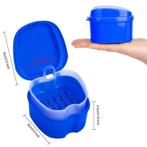 Prothese Box Zahnprothese Box Retainer Container Aufbewahrungsbox mit Hängender Sieb für Falsche Zähne Lagerung Reinigung Dunkelblau