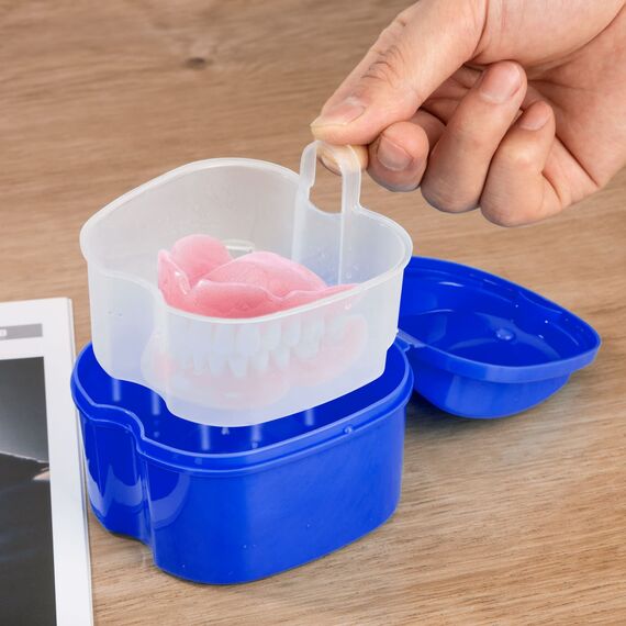 Prothese Box Zahnprothese Box Retainer Container Aufbewahrungsbox mit Hängender Sieb für Falsche Zähne Lagerung Reinigung Dunkelblau