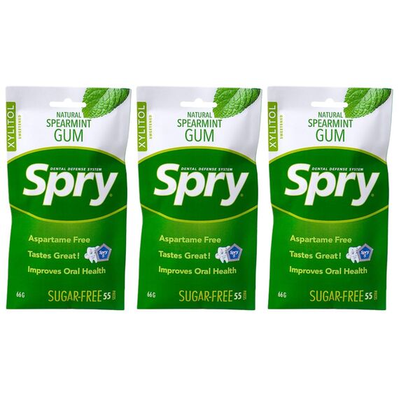 Spry On The Go Fresh Natürliches Xylit Kaugummi – Zahnpflege-Kaugummi ohne Aspartam, Zuckerfrei, Glutenfrei, Non-GMO (Spearmint, 55 Count - Pack of 3)