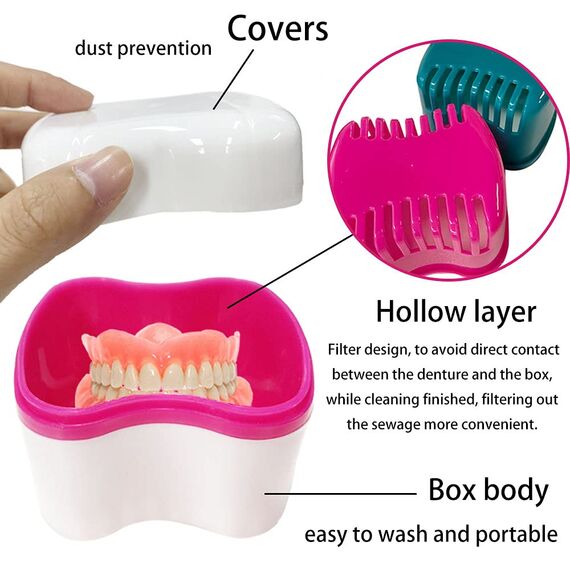Zahnersatz-Kit, 2 Zahnersatz-Badbecher mit 2 Zahnersatzbürste & 2 Tragbare Zahnbürstenbox, Zahnersatzbürstenhalter Bad mit Deckel, Retainer Reinigung Zahnersatzboxen, Zahnbürsten-Kit für Reisen