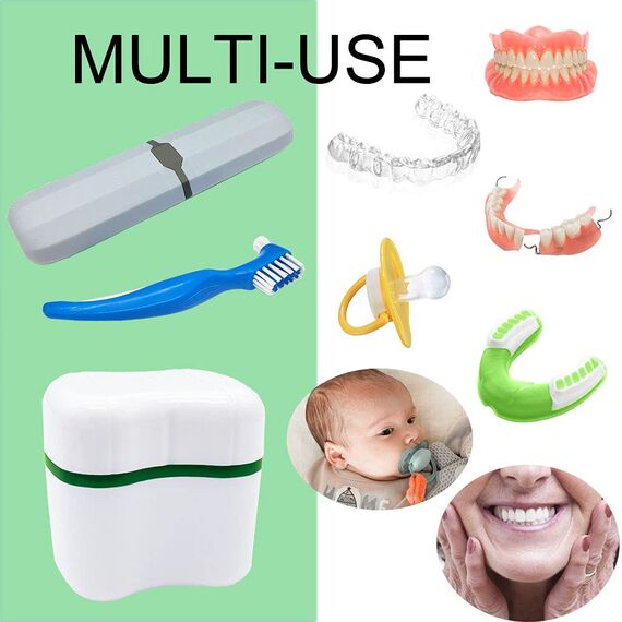 Zahnersatz-Kit, 2 Zahnersatz-Badbecher mit 2 Zahnersatzbürste & 2 Tragbare Zahnbürstenbox, Zahnersatzbürstenhalter Bad mit Deckel, Retainer Reinigung Zahnersatzboxen, Zahnbürsten-Kit für Reisen