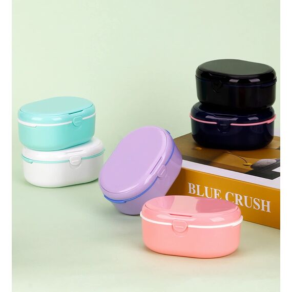 MURRI&MURRDI Tragbare Zahnprothese Box, Prothese Box mit Sieb, Zahnersatzkoffer Reinigungsbox, Zahnersatz-Reinigungsbäder mit Spiegel, Falsche Zähne Lagerung Reinigung (D Lila)