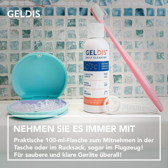 GELDIS Daily Cleanser - Zahnspangenreiniger, Zahnprothesen Reiniger, Zahnschiene Reinigung, Täglicher Reinigungsgel für die Hygiene von - Transparenten Masken, Zahnspangen (100 ml - 1 Stück)