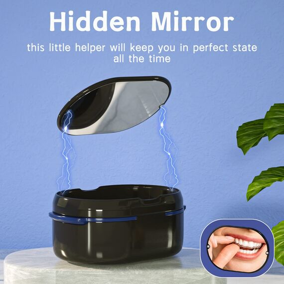 Zahnersatz und Zahnersatz Bürste Zahnersatz und Halter Set, Zahnersatz mit Spiegel (Schwarz)