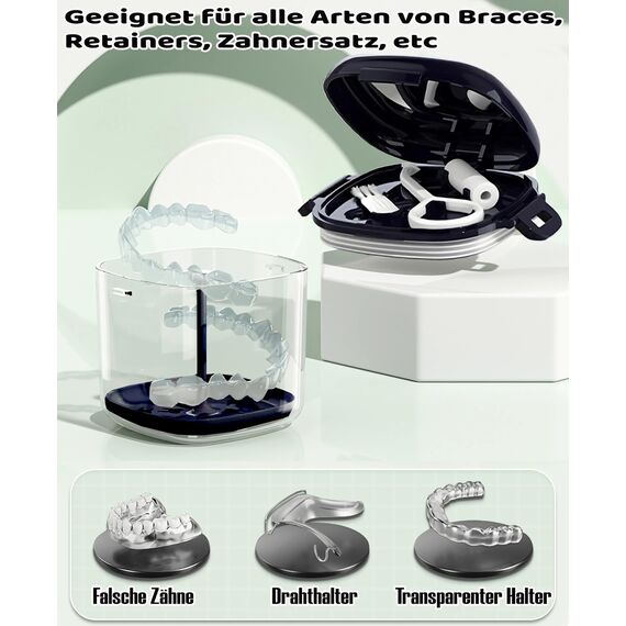 MURRI&MURRDI Tragbare Zahnprothese Box, Badebox für Prothesen mit Sieb, Zahnprothesenbad Behälter mit Spiegel, Falsche Zähne Dose Reinigung & Aufbewahrung Container (B Dunkelblau)