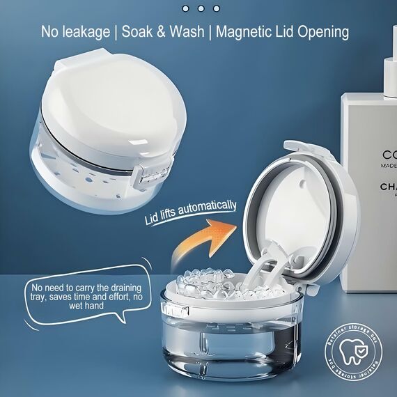 Guador Zahnspangendose Gebissdose Prothesen Behälter Prothesenbürste Set Zahnprothesenbecher Denture Box mit Prothesen Reinigerbürsten Prothese Bath Case Falsche Zähne Automatische Entleerung