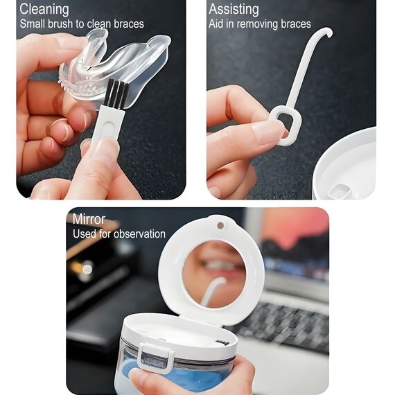 Guador Zahnspangendose Gebissdose Prothesen Behälter Prothesenbürste Set Zahnprothesenbecher Denture Box mit Prothesen Reinigerbürsten Prothese Bath Case Falsche Zähne Automatische Entleerung