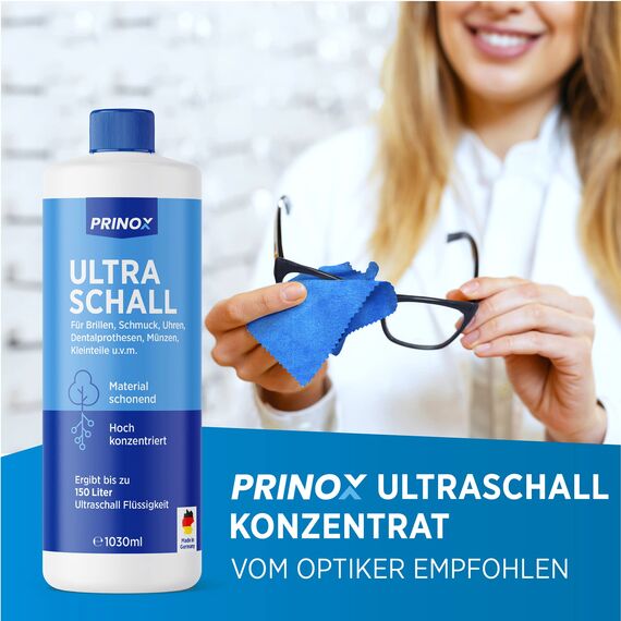 PRINOX Ultraschallreiniger Konzentrat 2x 1030ml inkl. 1x Mikrofasertuch I Extrem ergiebig für 700 Bäder je Flasche - Für Brille, Schmuck, Gebiss, Kleinteile - Ultraschallgeräte, Ultraschallbad