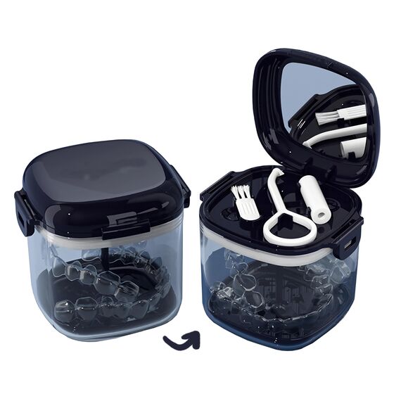 MURRI&MURRDI Tragbare Zahnprothese Box, Badebox für Prothesen mit Sieb, Zahnprothesenbad Behälter mit Spiegel, Falsche Zähne Dose Reinigung & Aufbewahrung Container (B Dunkelblau)