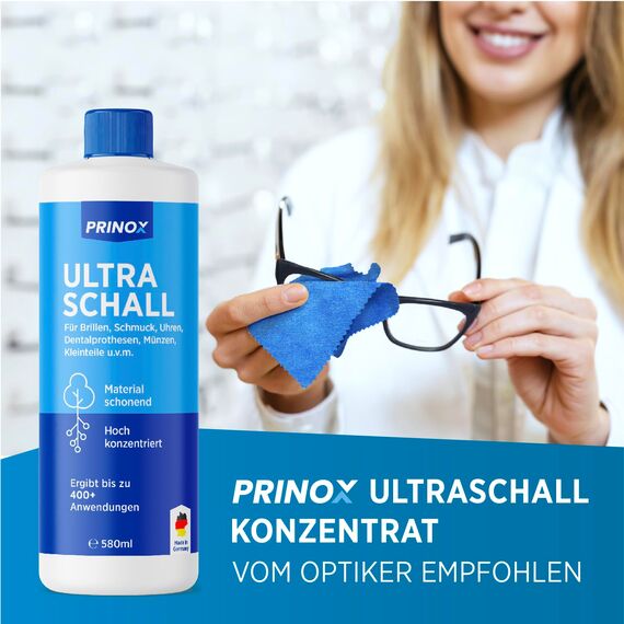 PRINOX® Ultraschallreiniger Konzentrat 580ml - Extrem ergiebig - Für Brille, Schmuck, Gebiss & Kleinteile - Für Ultraschallgeräte, Ultraschallbad