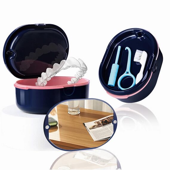 MURRI&MURRDI Tragbare Zahnprothese Box, Prothese Box mit Sieb, Zahnersatzkoffer Reinigungsbox mit Spiegel, Zahnersatz-Badebox Zahnspangendose Gebissdose für Reise Reinigung (D Dunkelblau)