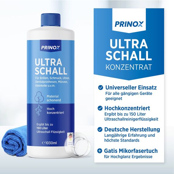 PRINOX Ultraschallreiniger Konzentrat 1030ml - Extrem ergiebig - Für Brille, Schmuck, Gebiss & Kleinteile - Für Ultraschallgeräte, Ultraschallbad