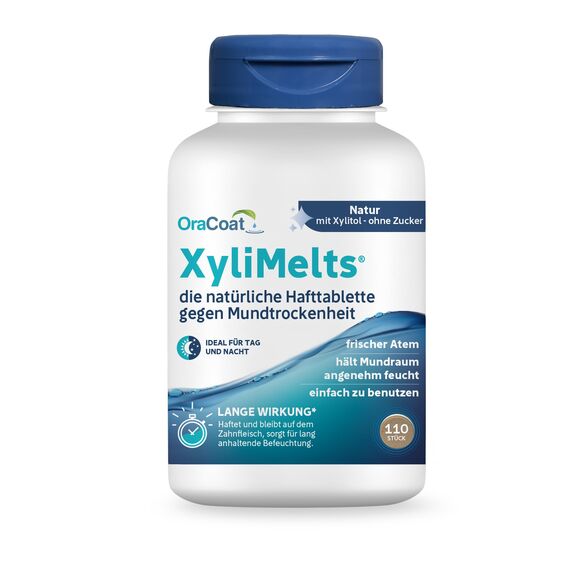 XyliMelts Natur 110 Stück [VORTEILSPACKUNG] - Hafttabletten gegen nächtliche Mundtrockenheit - befeuchten im Schlaf den Mund 4-8 Stunden - mit neutralem Geschmack - gegen trockenen Mund
