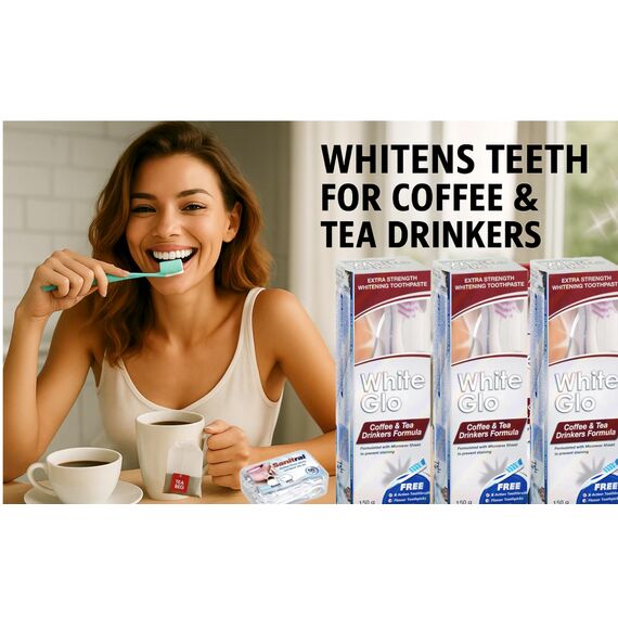 White Glo Premium Coffee & Tea Drinkers Formula Intense Extra Whitening Zahnpasta und Zahnbürste – 100 ml (3er-Pack) mit Sanitral 50 Stück Zahnseide-Stick als Geschenk im Lieferumfang enthalten
