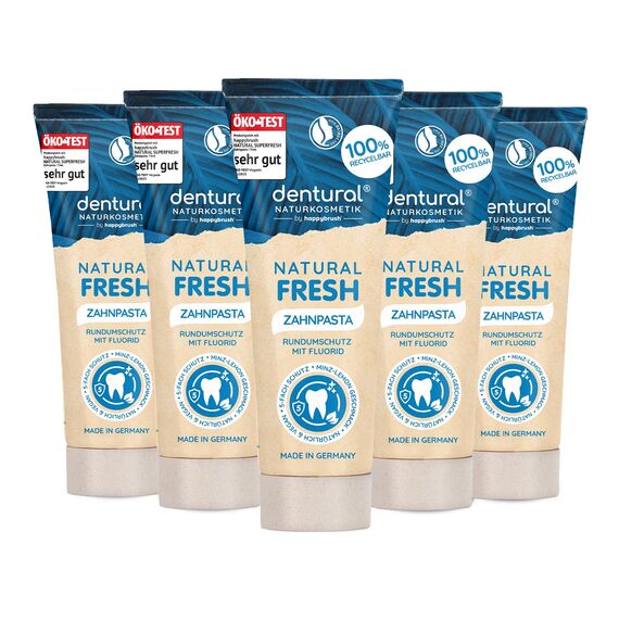 happybrush Naturkosmetik ZahnpastaNatural Fresh mit Minz-Lemon-Geschmack - Zahncreme mit 5-fach Schutz für deine Zähne mit Zink - Ohne Mikroplastik - 5er Pack (5 x 75ml)