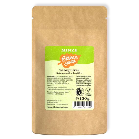 Birkengold Zahnpulver Minze 100 g Nachfüllbeutel | Natürliches Zahnputzpulver mit Xylit ohne Fluorid | Veganes Zahnreinigungspulver für Kariesprophylaxe & Zahnschmelzschutz | Plastikfrei & Nachhaltig