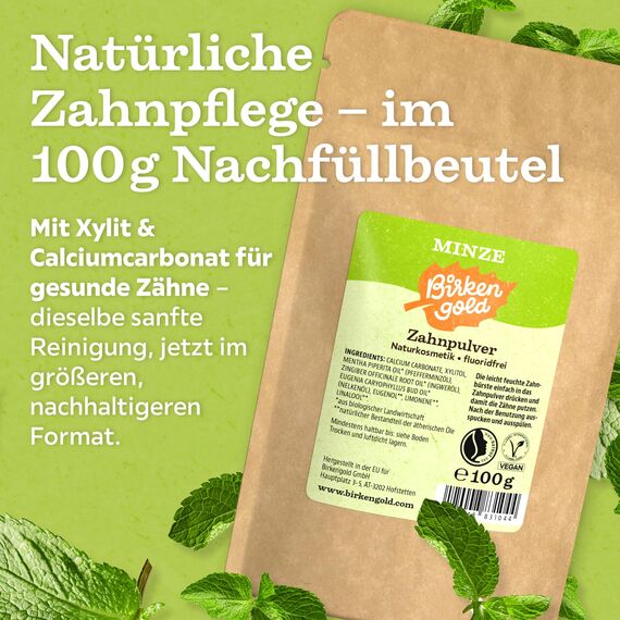 Birkengold Zahnpulver Minze 100 g Nachfüllbeutel | Natürliches Zahnputzpulver mit Xylit ohne Fluorid | Veganes Zahnreinigungspulver für Kariesprophylaxe & Zahnschmelzschutz | Plastikfrei & Nachhaltig