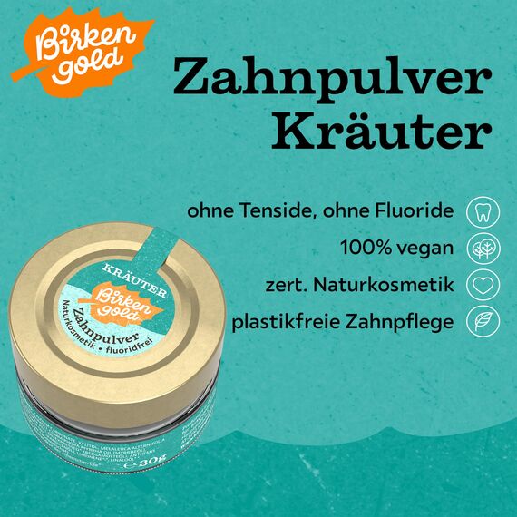 Birkengold Zahnpulver Kräuter 30 g Glas, 1 Stück, plastikfrei, im Glastiegel verpackt, 100% natürliche Zutaten, keine Schaumbildner und Konservierungsstoffe, Naturkosmetik zertifiziert, vegan