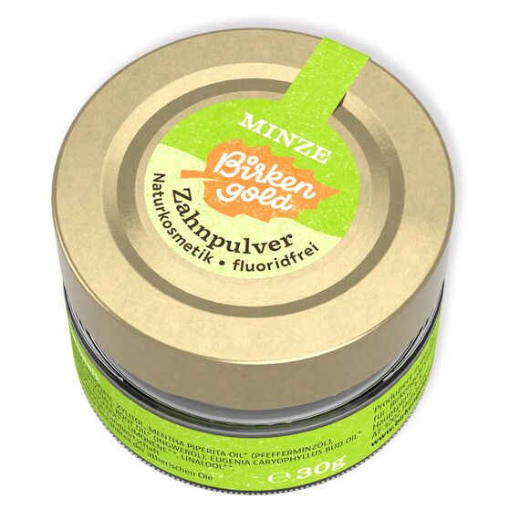 Birkengold Zahnpulver Minze Vegan 30 g, Naturkosmetik Zahnputzpulver mit Xylit, Frei von Fluorid, Mikroplastik & Schaumbildner, Zahnschmelzschutz & Kariesprophylaxe, Veganes Zahnreinigungspulver