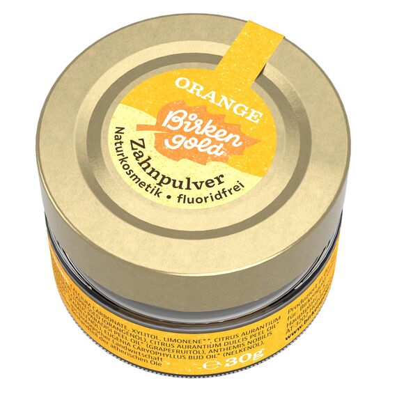 Birkengold Zahnpulver Orange 30 g Glas, 1 Stück, plastikfrei, im Glastiegel verpackt, 100% natürliche Zutaten, keine Schaumbildner und Konservierungsstoffe, Naturkosmetik zertifiziert, vegan