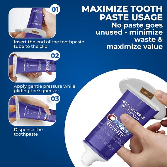 CRST 3D White Brilliance 2 Step Kit – Deep Clean Zahnpasta (113 g) + Zahnaufhellungsgel (65 g) gebündelt mit LUXPAKS Zahnpastapresse – Advanced Whitening und Deep Clean System