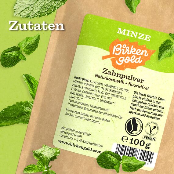 Birkengold Zahnpulver Minze 100 g Nachfüllbeutel | Natürliches Zahnputzpulver mit Xylit ohne Fluorid | Veganes Zahnreinigungspulver für Kariesprophylaxe & Zahnschmelzschutz | Plastikfrei & Nachhaltig