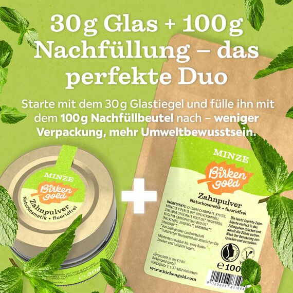 Birkengold Zahnpulver Minze 100 g Nachfüllbeutel | Natürliches Zahnputzpulver mit Xylit ohne Fluorid | Veganes Zahnreinigungspulver für Kariesprophylaxe & Zahnschmelzschutz | Plastikfrei & Nachhaltig