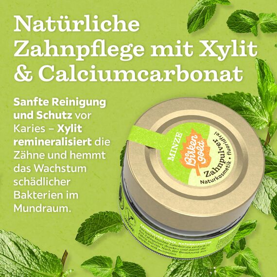 Birkengold Zahnpulver Minze Vegan 30 g, Naturkosmetik Zahnputzpulver mit Xylit, Frei von Fluorid, Mikroplastik & Schaumbildner, Zahnschmelzschutz & Kariesprophylaxe, Veganes Zahnreinigungspulver