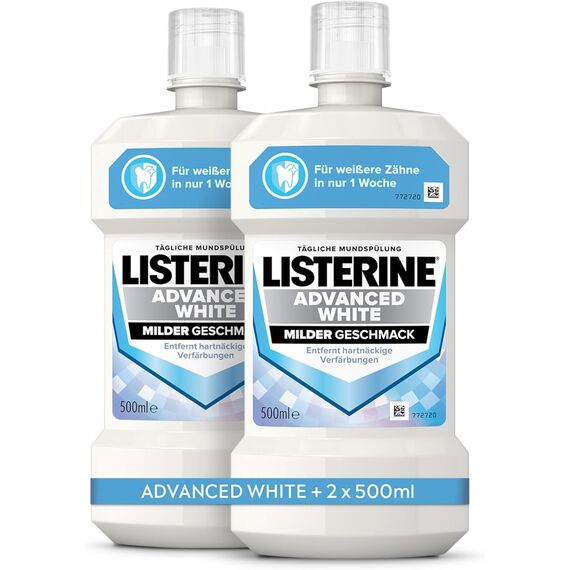 LISTERINE Advanced White Milder Geschmack (500 ml), Mundspülung zur Entfernung hartnäckiger Zahnverfärbungen, für weißere Zähne in nur 1 Woche, Mundwasser bekämpft wirksam Bakterien im Mundraum