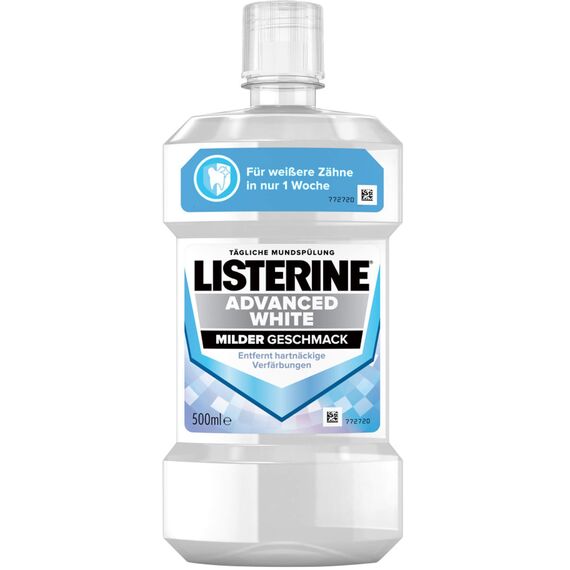 LISTERINE Advanced White Milder Geschmack 500 ml, Mundspülung zur Entfernung hartnäckiger Zahnverfärbungen, für weißere Zähne in nur 1 Woche, Mundwasser bekämpft wirksam Bakterien im Mundraum