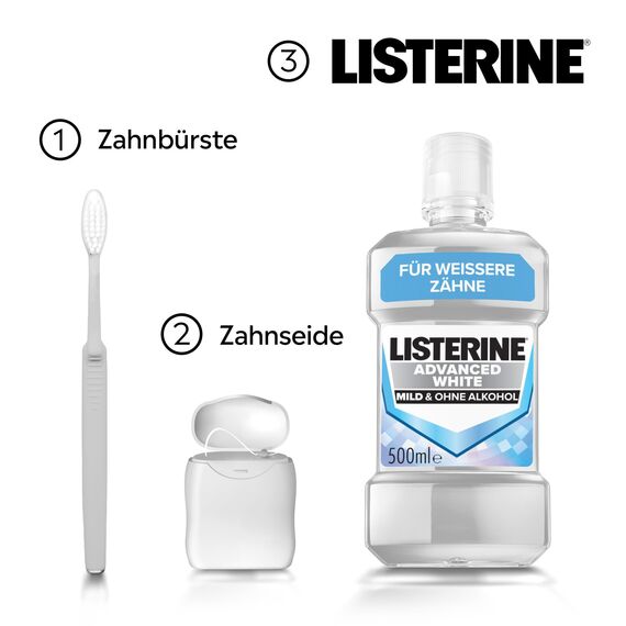 LISTERINE Advanced White Milder Geschmack (500 ml), Mundspülung zur Entfernung hartnäckiger Zahnverfärbungen, für weißere Zähne in nur 1 Woche, Mundwasser bekämpft wirksam Bakterien im Mundraum