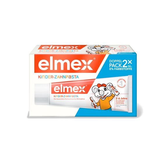 elmex Kinderzahnpasta 2-6 Jahre 2x50ml – kindgerechte Zahnreinigung für hochwirksamen Kariesschutz – mit Aminfluorid für einen Dreifach-Schutzmechanismus