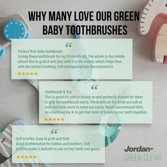 Jordan Step 1 Green Clean Kleinkind-Zahnbürste, nachhaltige Babyzahnbürste, 0–2 Jahre, biobasierte, extra weiche Borsten, 84 recycelte Griffe, weicher Beißring, gemischte Farben, Packung mit 3 Einheit