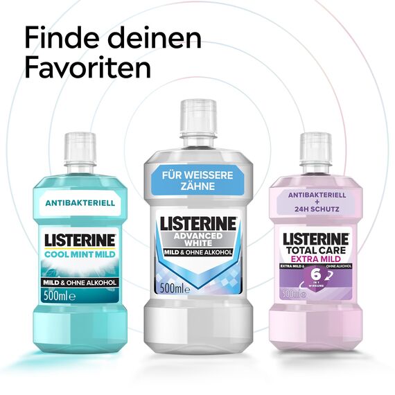 LISTERINE Advanced White Milder Geschmack (500 ml), Mundspülung zur Entfernung hartnäckiger Zahnverfärbungen, für weißere Zähne in nur 1 Woche, Mundwasser bekämpft wirksam Bakterien im Mundraum