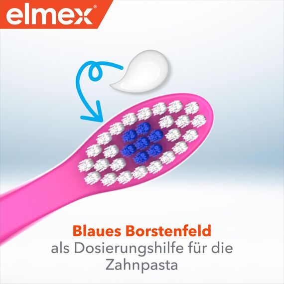 elmex Kinderzahnbürste 2-6 Jahre, 2 Stück – weiche, abgerundete Borsten für ein gründliches Putzen der Milchzähne – kindgerechte Zahnbürste für alle Griffarten geeignet