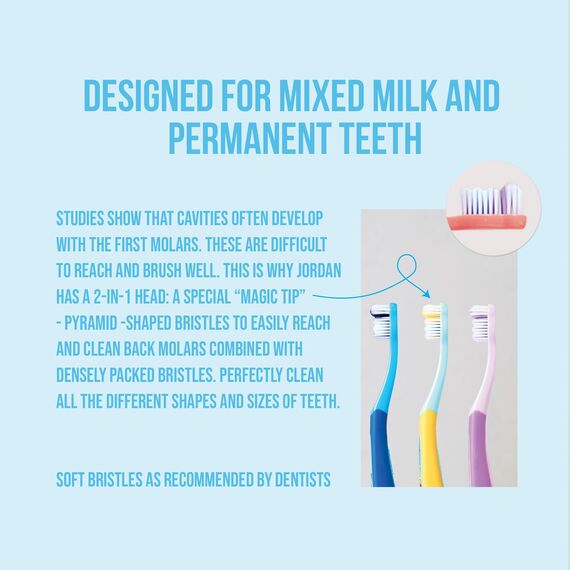 Jordan ® | Step 3 Zahnbürste Kinder | Kinder zahnbürste für 6-9 Jahre | Weiche Borsten, doppelter ergonomischer Griff & BPA-frei | Rosa und Blaue Farbe | Pack 4 Einheiten