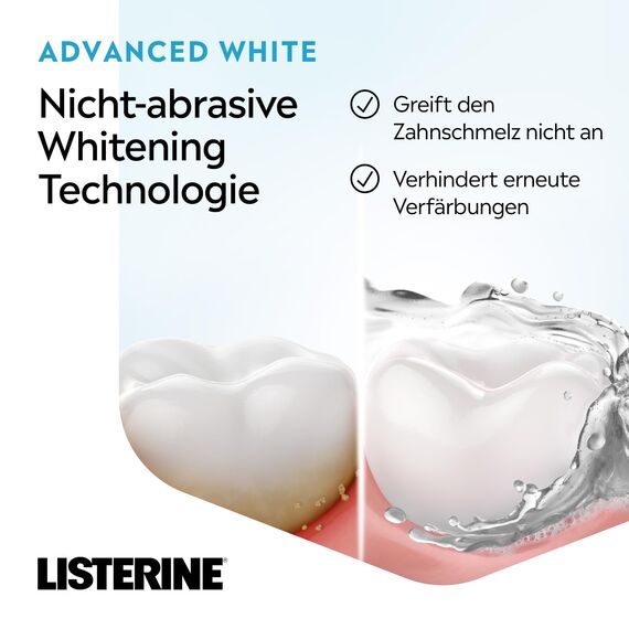 LISTERINE Advanced White Milder Geschmack (500 ml), Mundspülung zur Entfernung hartnäckiger Zahnverfärbungen, für weißere Zähne in nur 1 Woche, Mundwasser bekämpft wirksam Bakterien im Mundraum