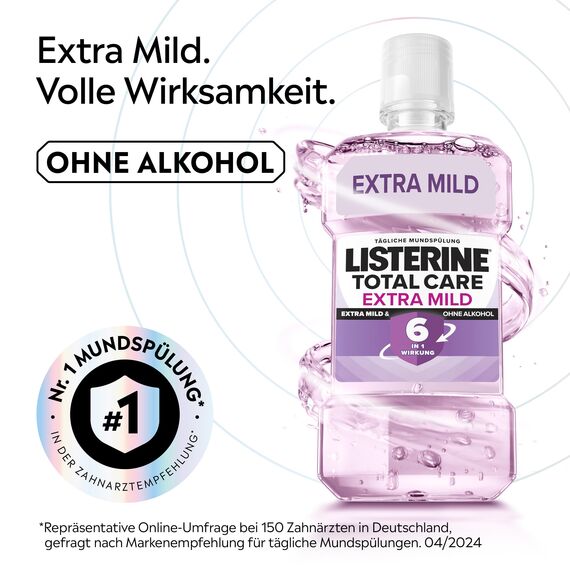 LISTERINE Total Care Extra Mild 500 ml, schützende Mundspülung ohne Alkohol gegen Karies mit 6 in 1 Wirkung, antibakterielles Mundwasser schützt vor Zahnfleischproblemen, bis zu 24h frischer Atem