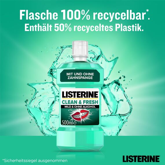 LISTERINE Clean und Fresh 500 ml, antibakterielle Mundspülung mit ätherischen Ölen, Mundwasser ohne Alkohol, optimale Ergänzung zur täglichen Zahnpflege mit und ohne Zahnspange